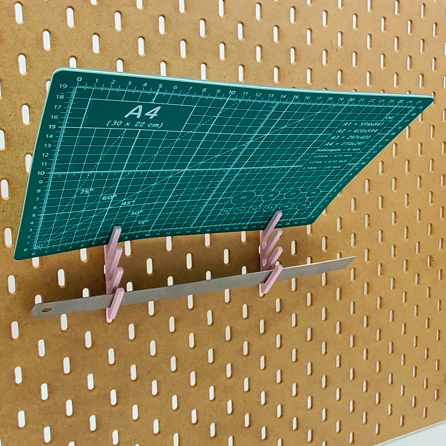 Angled Ruler Storage for Ikea Pegboard, four slots.