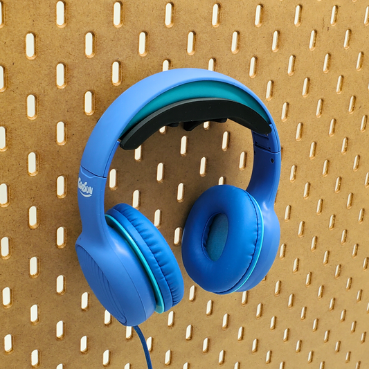 Charcoal Black Headphone Holder with a blue kids headset