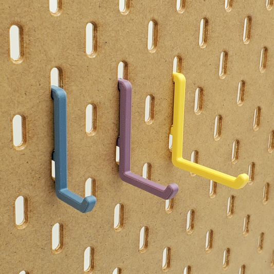 Muted Blue Small, Muted Purple Medium, Savannah Yellow Large L-Hooks for IKEA SKDIA Pegboard