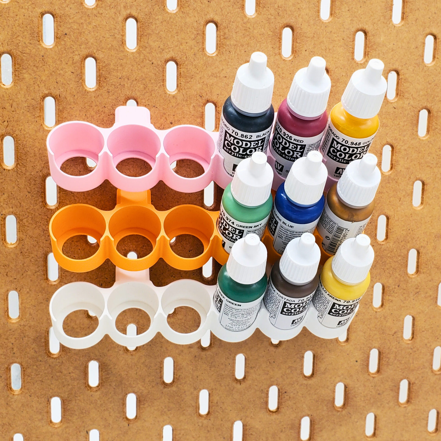 3 Vertically next paint racks on a Skadis Pegboard for 17mL paint bottles