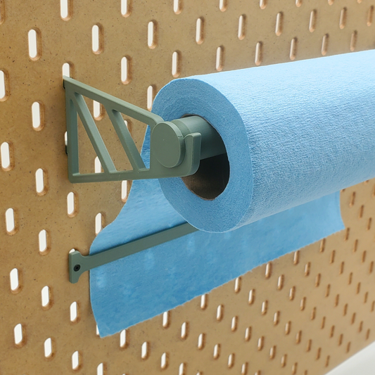 Muted Green Paper Towel holder with  Blue towels